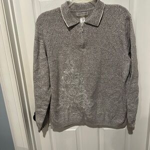 Alfred Dunner Light Gray Collared Quarter-Zip Knit Sweater